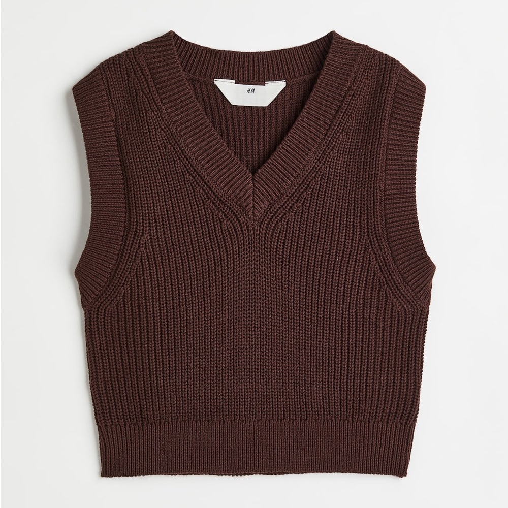 H&M Rib Knit Sweater Vest Dark Brown V-Neck